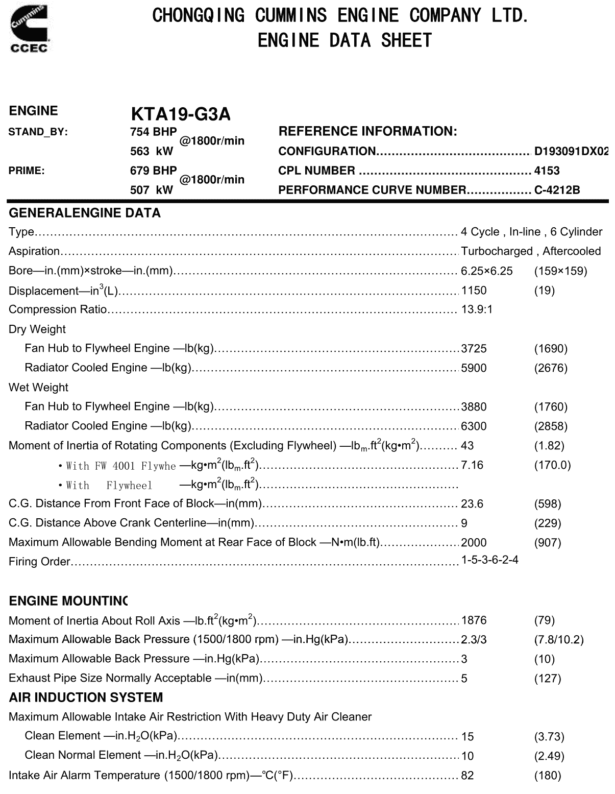 Cummins KTA19-G3A 60Hz datasheet