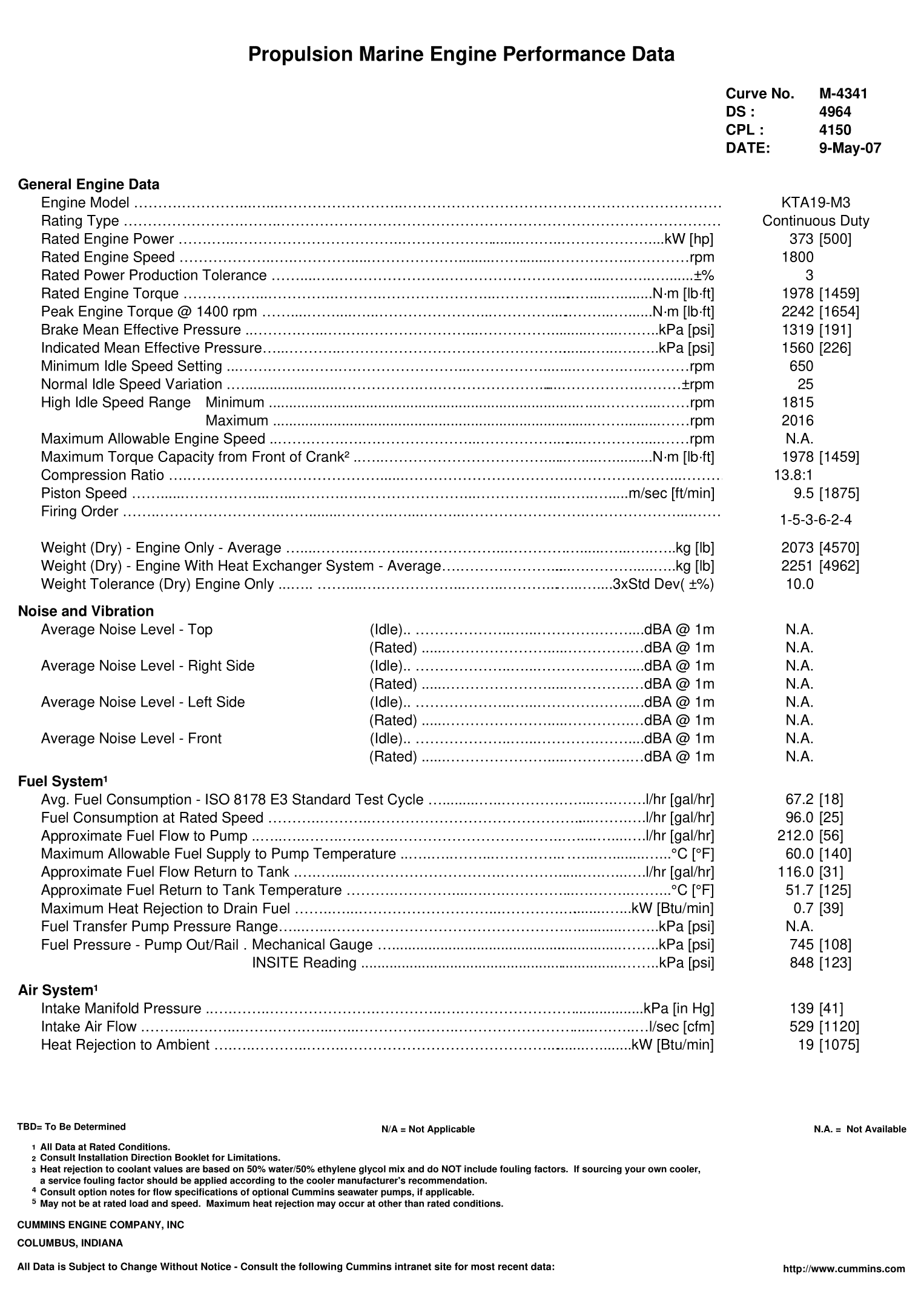 Cummins KTA19-M3 500 HP datasheet