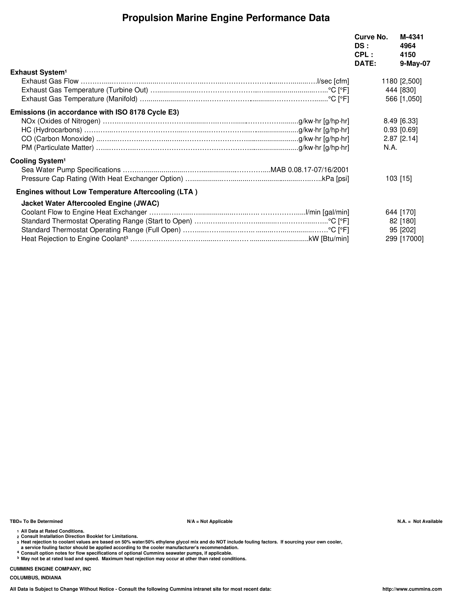 Cummins KTA19-M3 500 HP datasheet