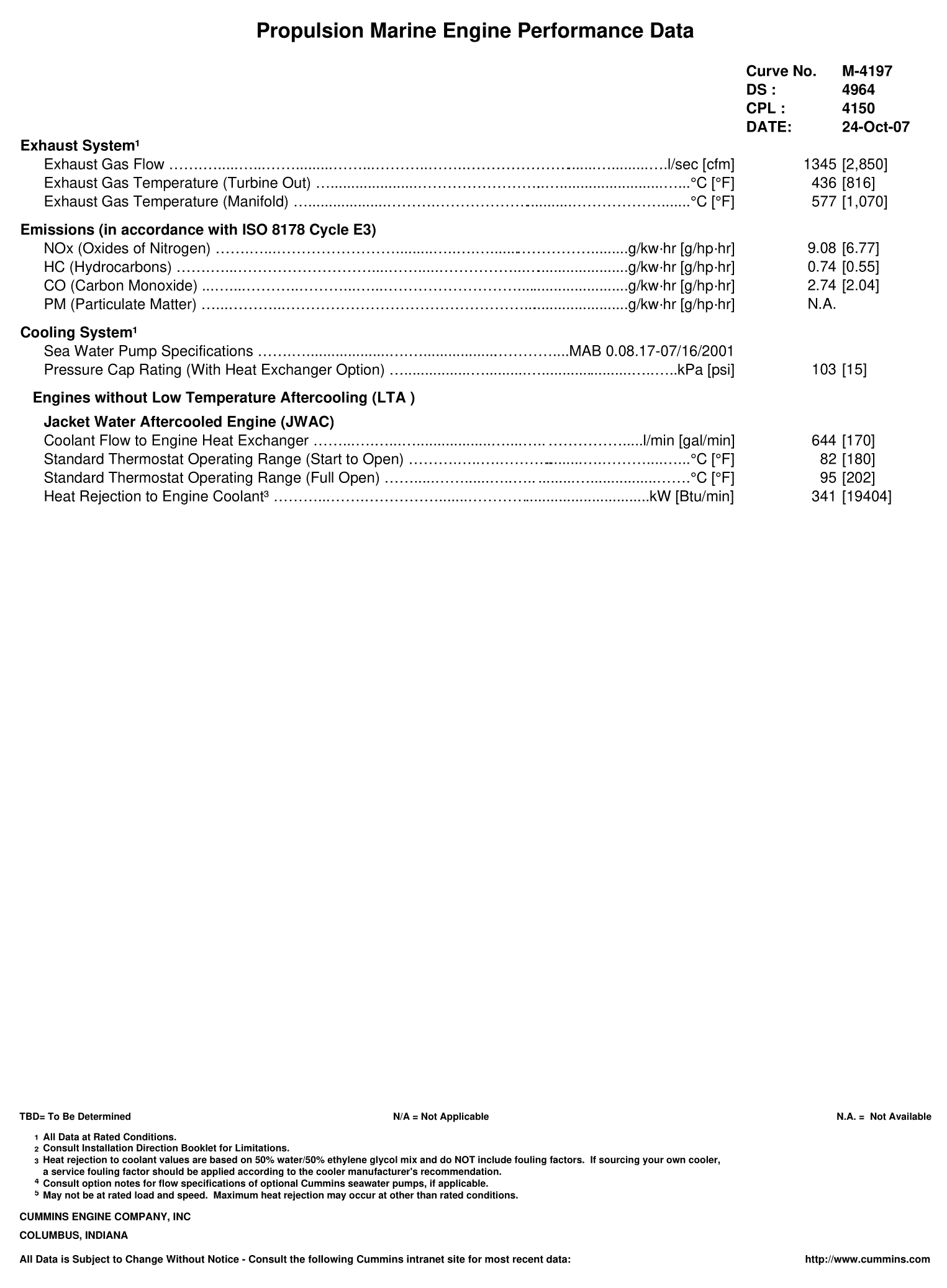 Cummins KTA19-M3 600 HP datasheet