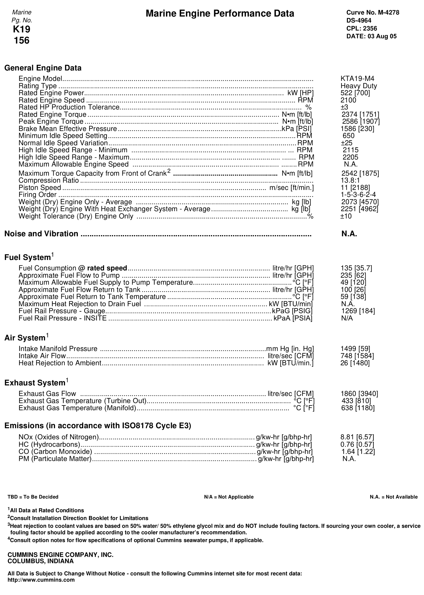 Cummins KTA19-M4 700 HP datasheet