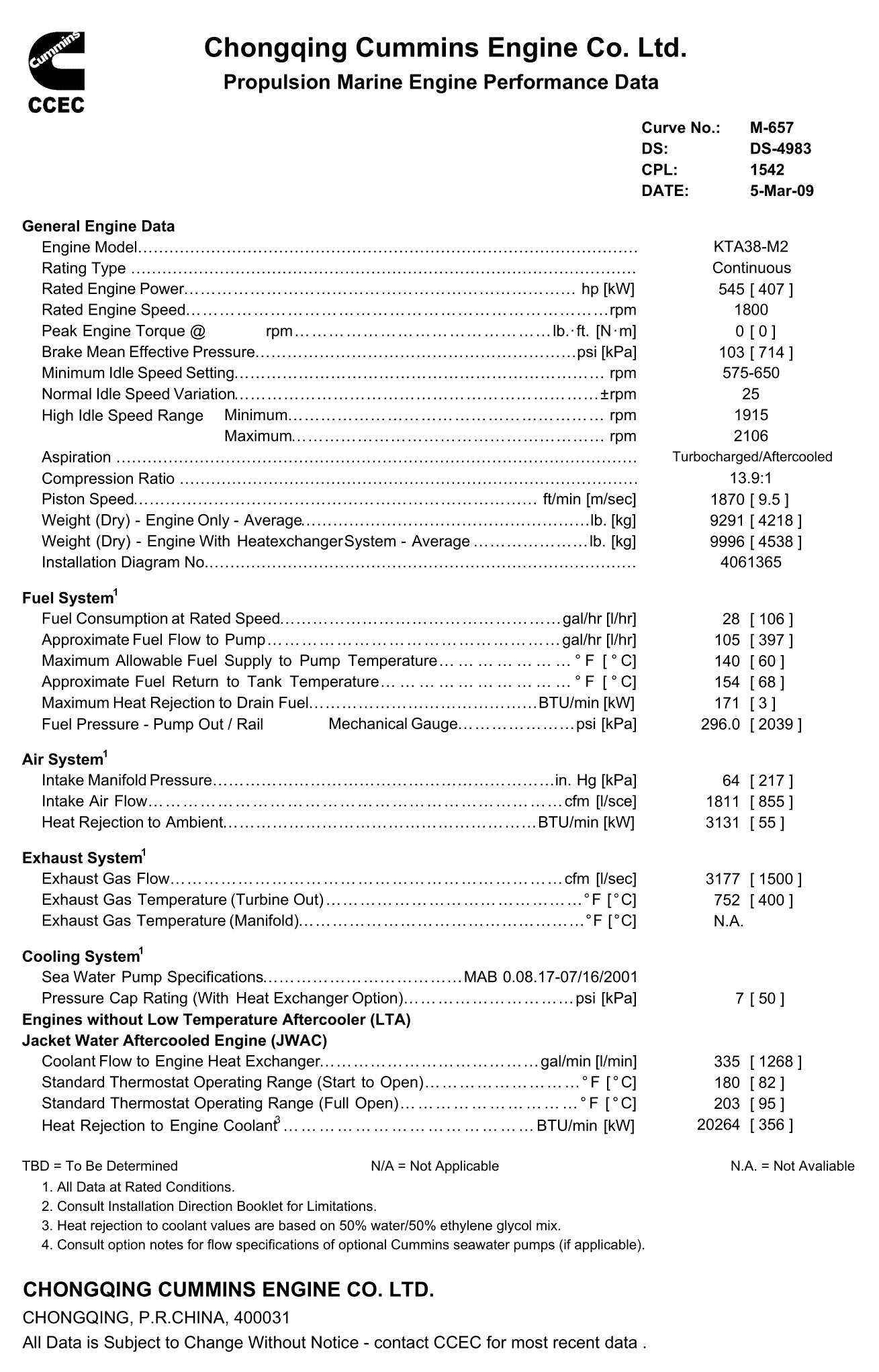 Cummins KTA38-M2 545 HP datasheet