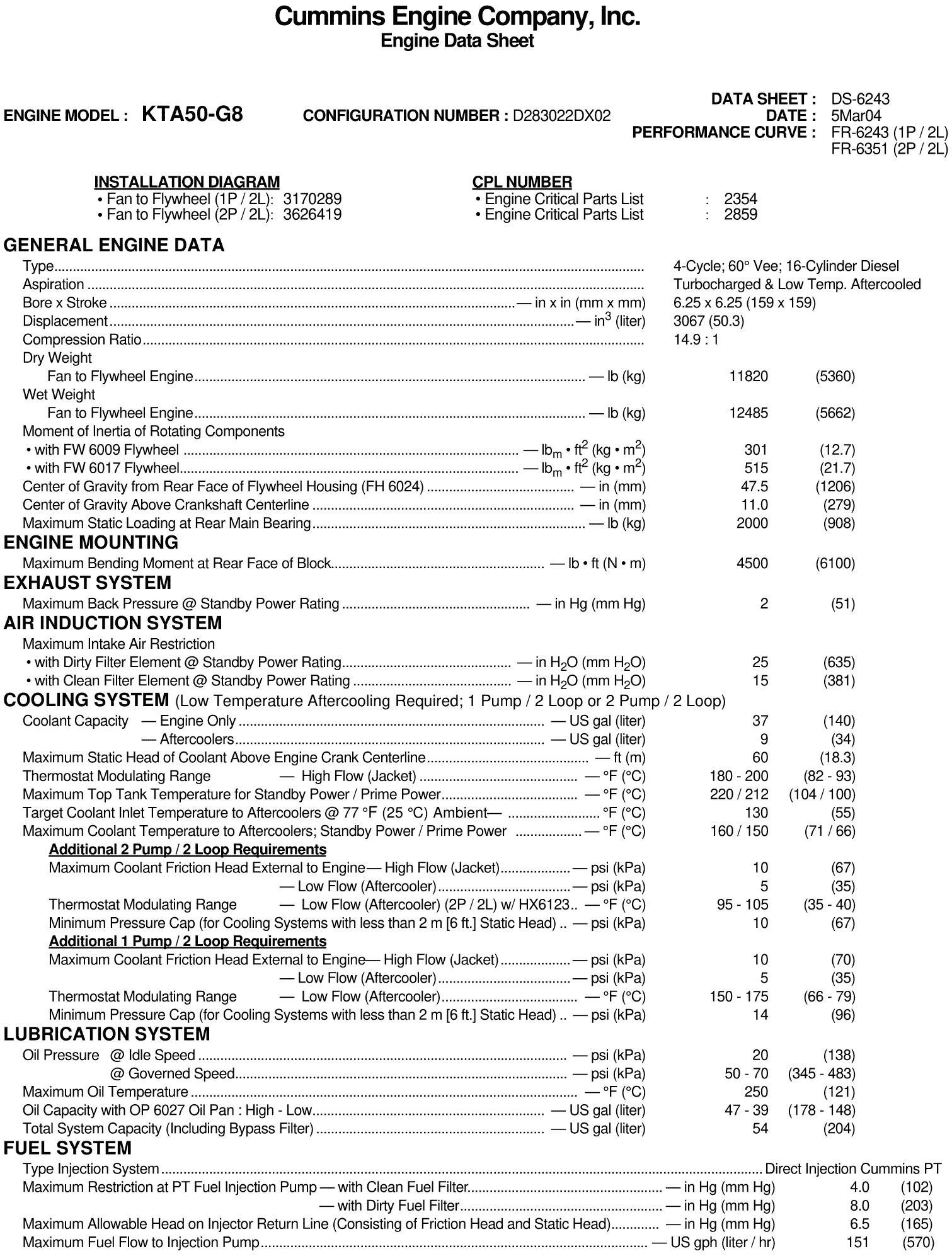 Cummins KTA50-G8 datasheet