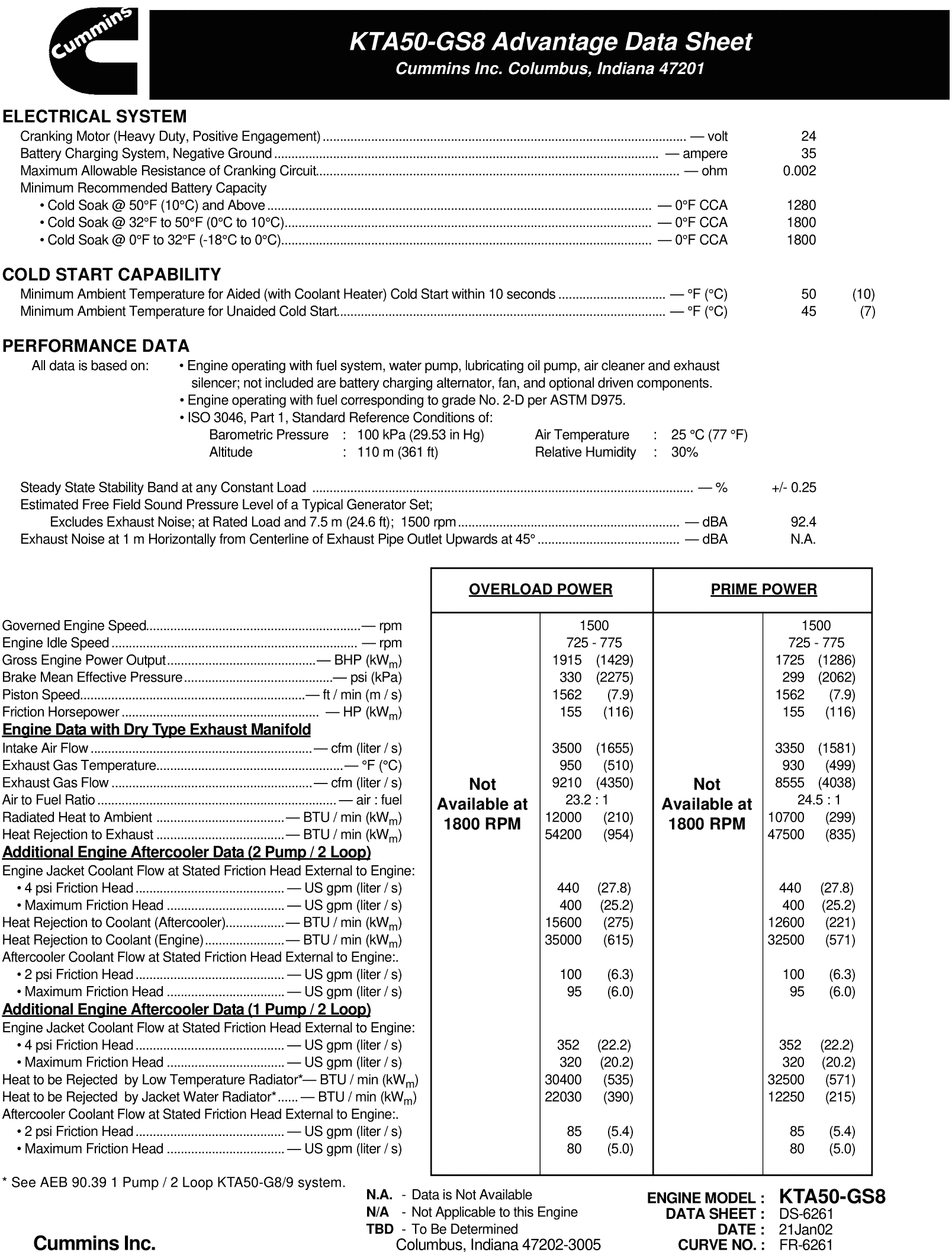 Cummins KTA50-GS8 datasheet