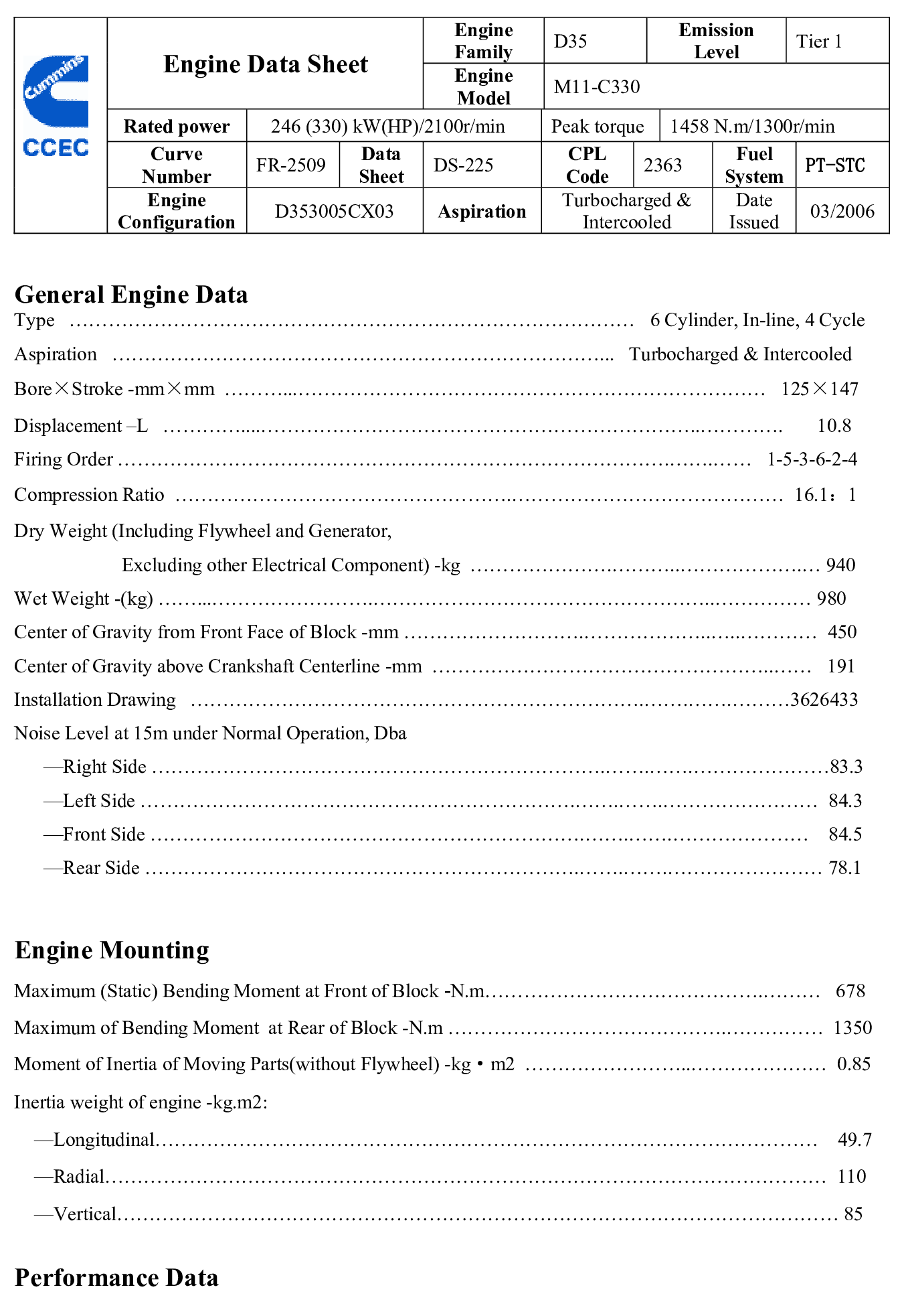 Cummins M11-C330 datasheet