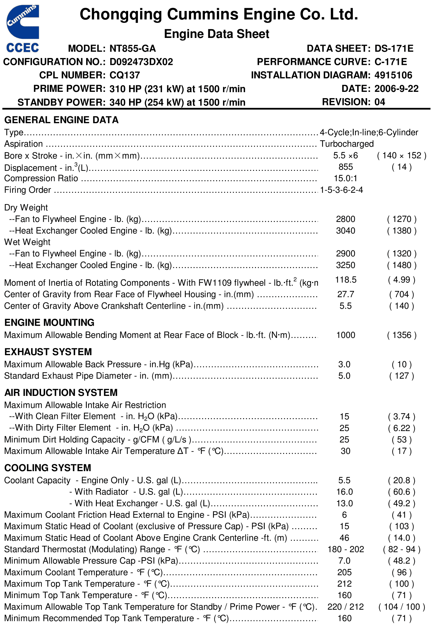 Cummins NT855-GA datasheet