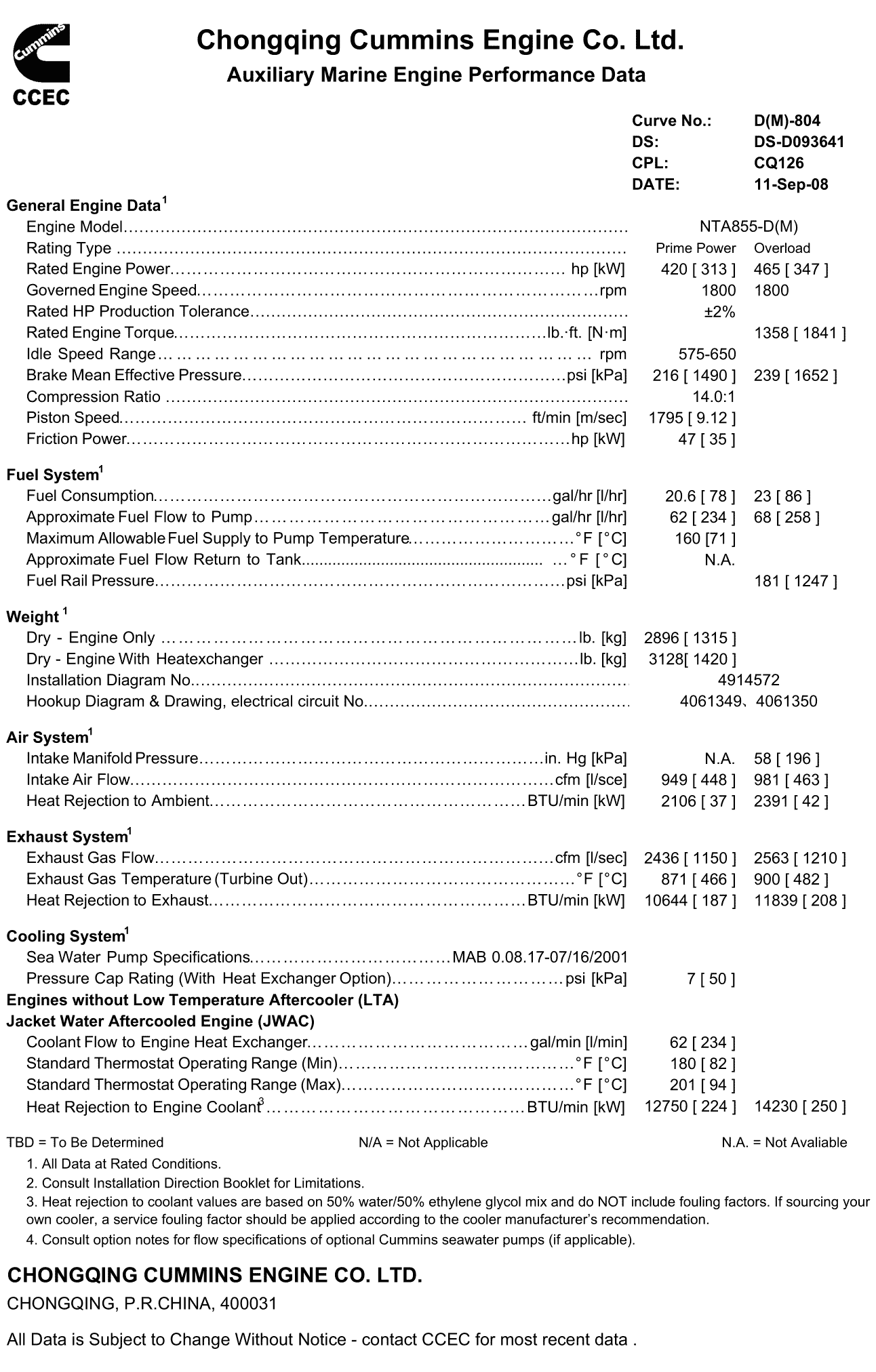 Cummins NTA855-DM313 datasheet