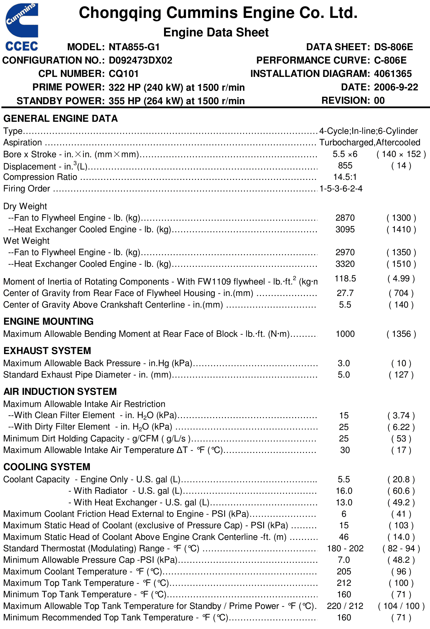 Cummins NTA855-G1 datasheet