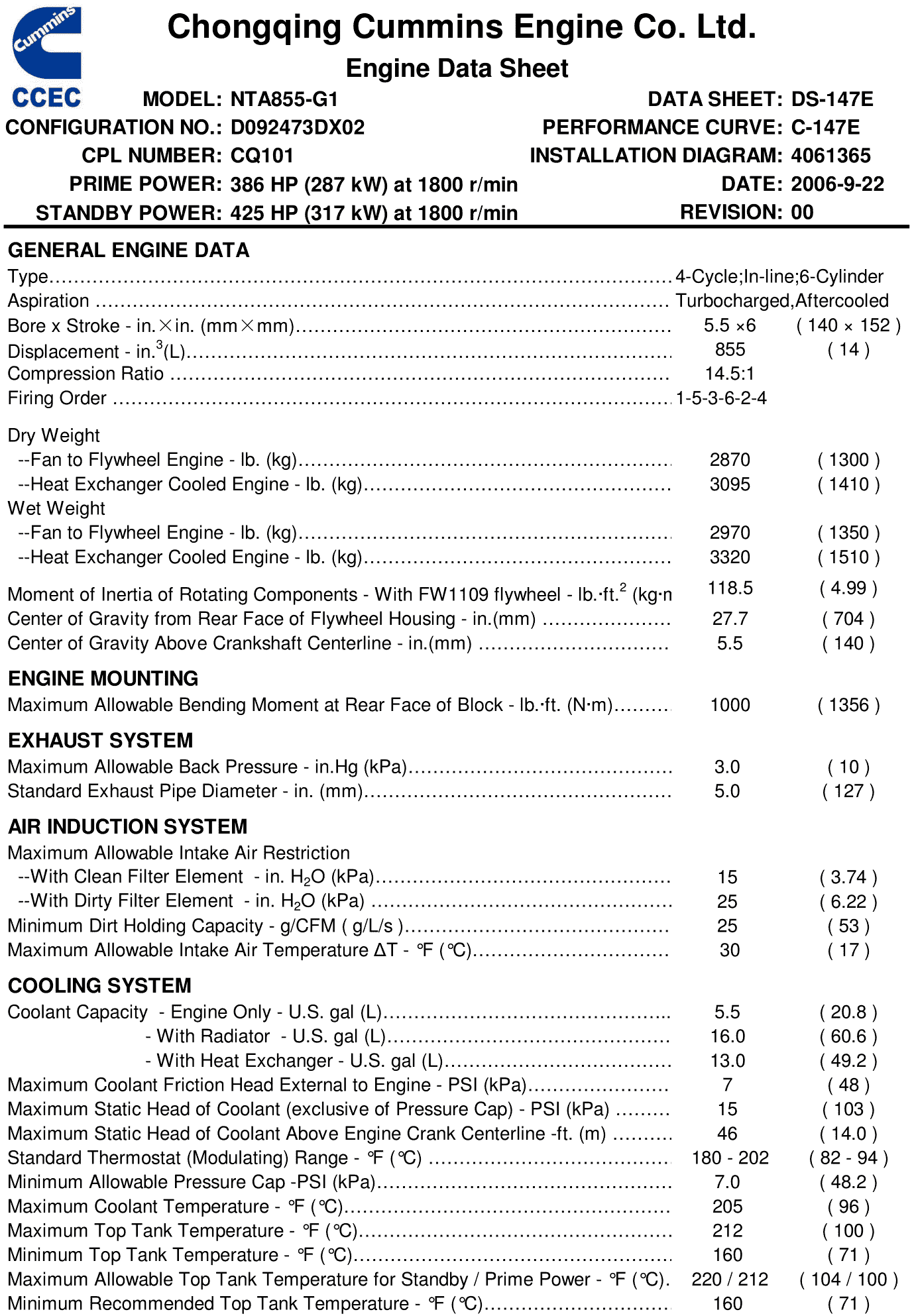 Cummins NTA855-G1(60Hz) datasheet