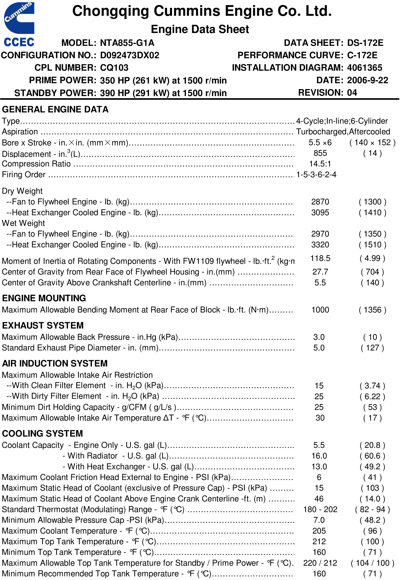 Cummins NTA855-G1A datasheet