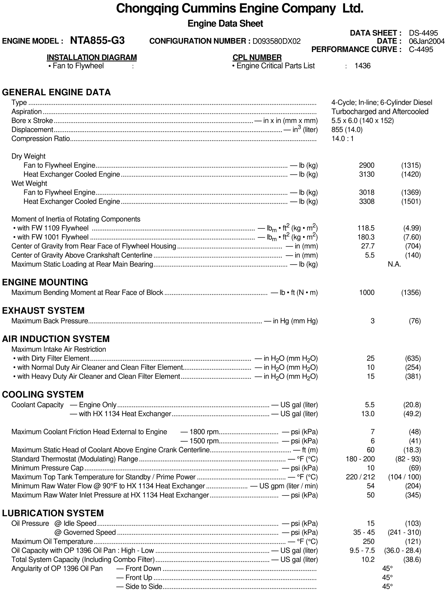Cummins NTA855-G3 datasheet