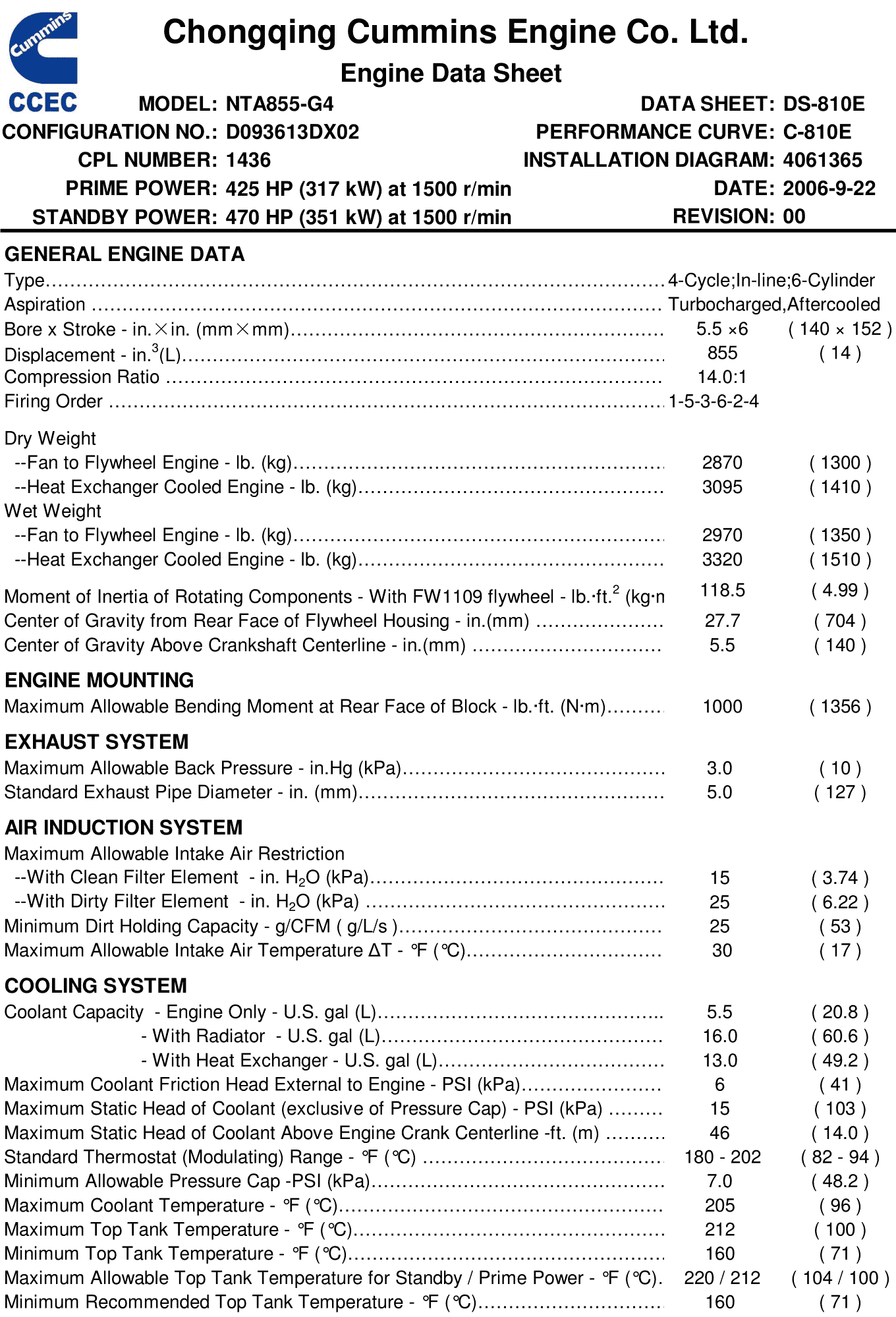 Cummins NTA855-G4 datasheet