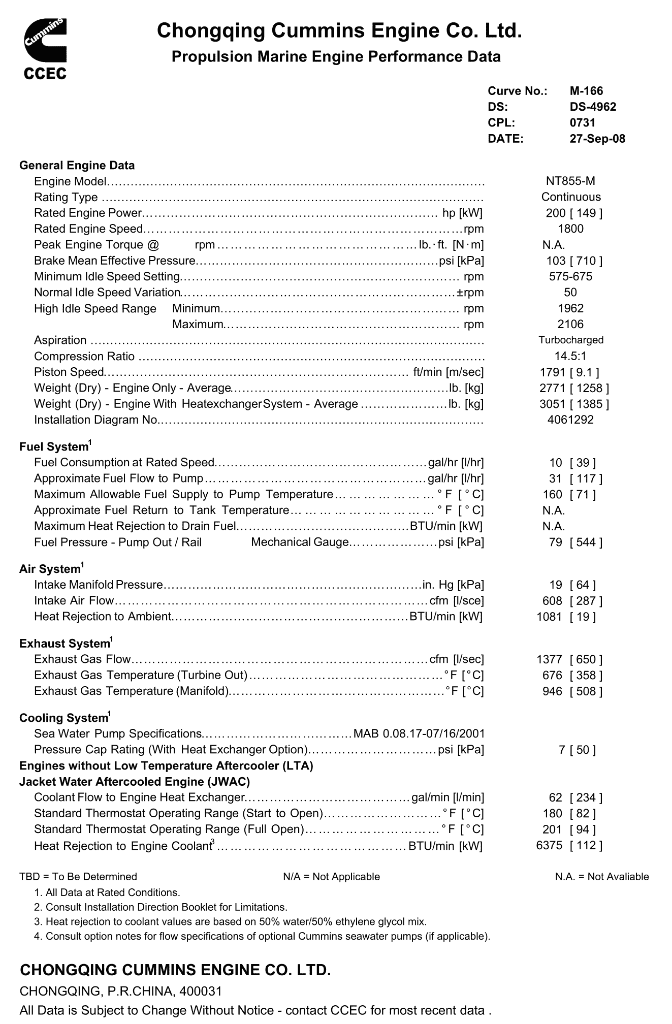 Cummins NTA855-M200 datasheet