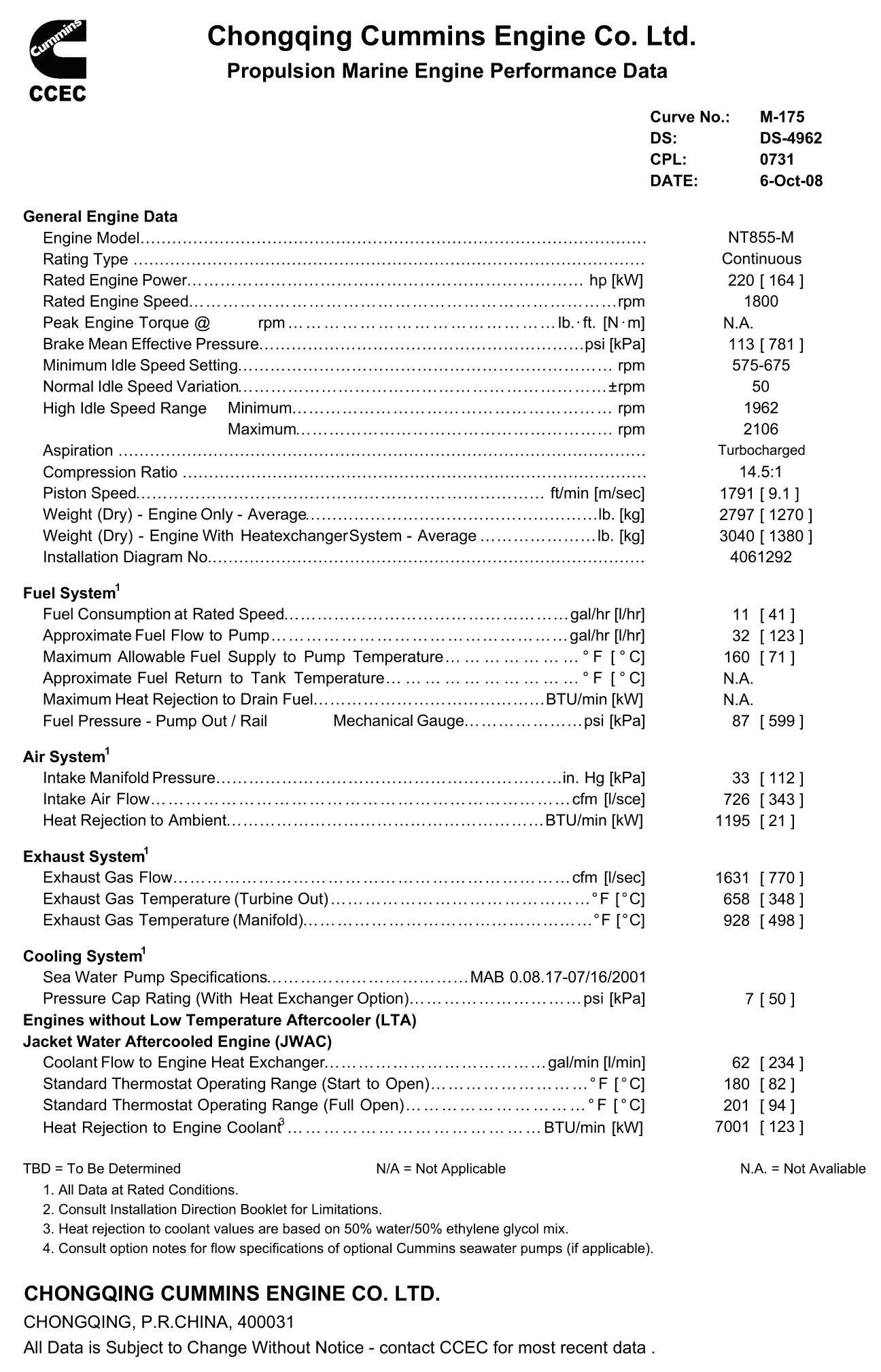 Cummins NTA855-M220 datasheet