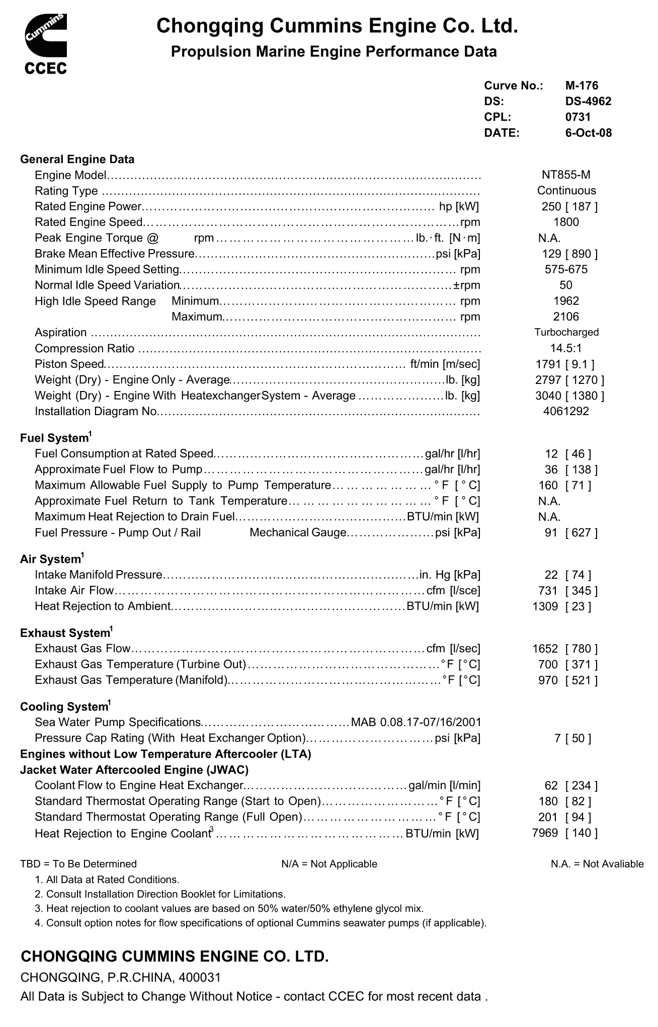 Cummins NTA855-M250 datasheet