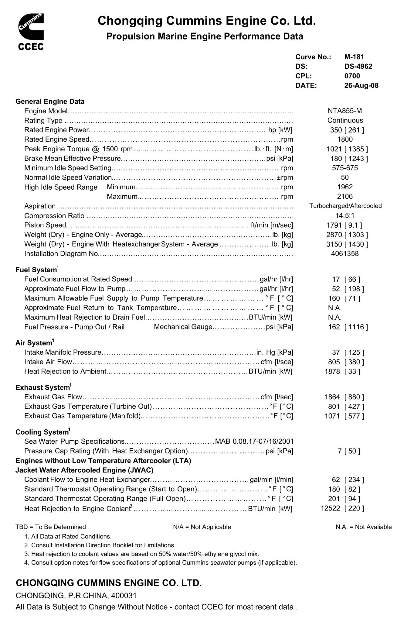 Cummins NTA855-M350 datasheet