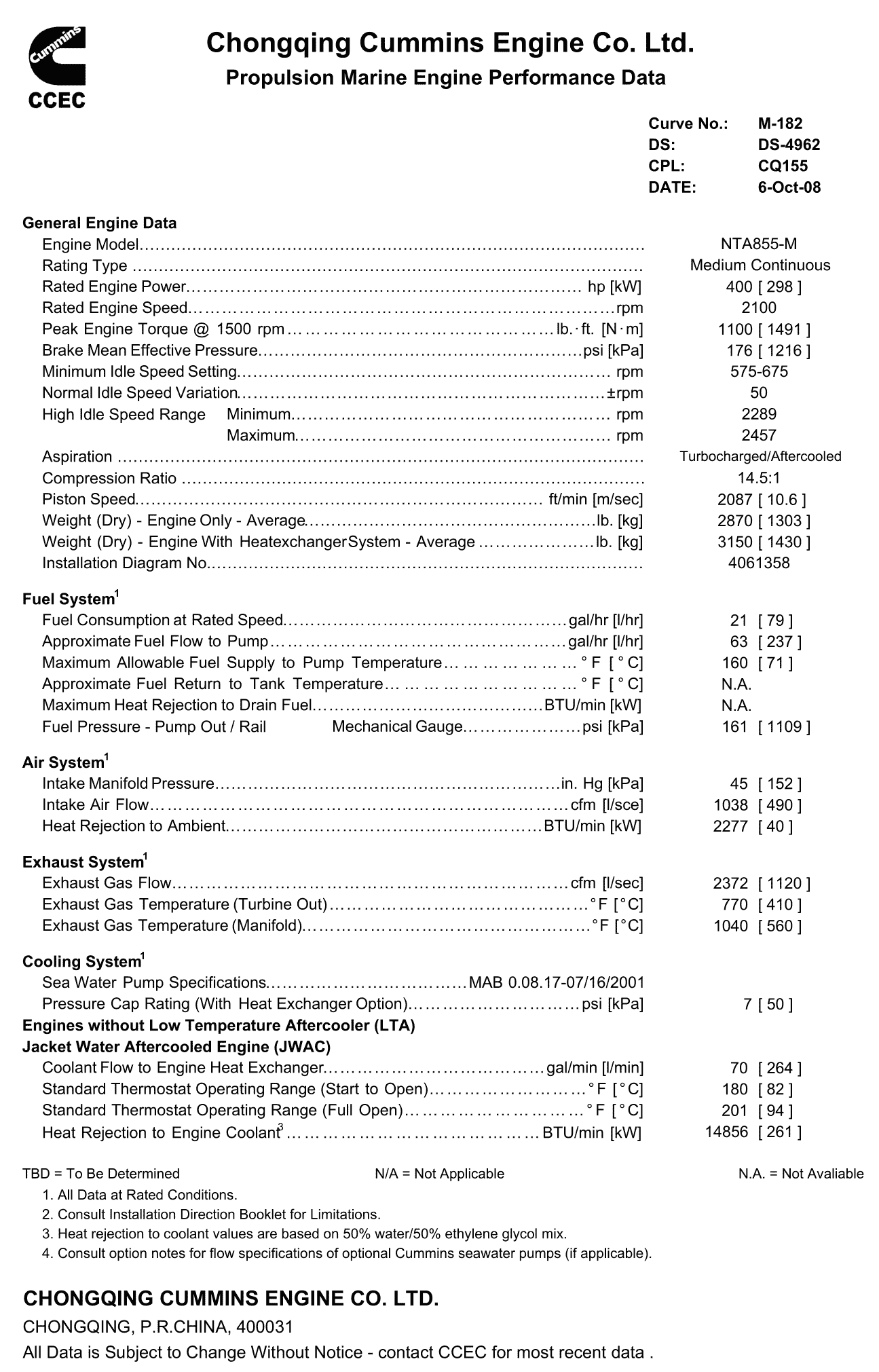 Cummins NTA855-M400 datasheet