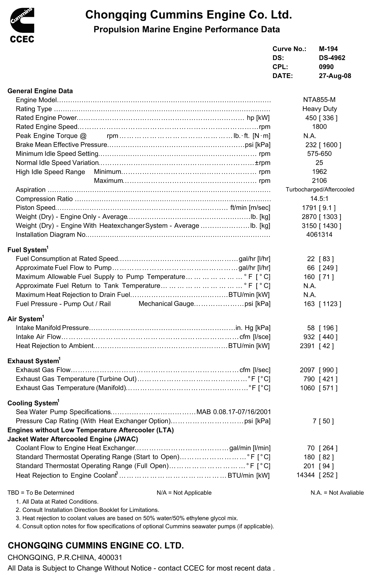 Cummins NTA855-M450 datasheet